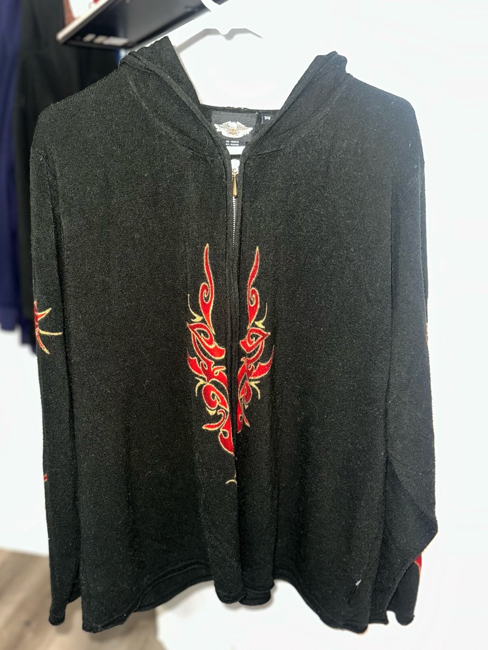 Plus Size Harley-Davidson Black Zip-Up Hoodie with Red and Gold Flame Embroidery